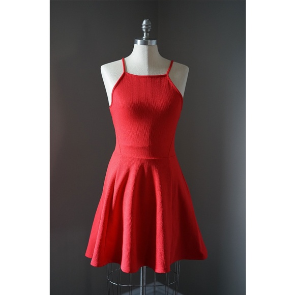 red high neck skater dress